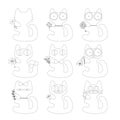 Cute cat with flowers doodle series, avatars, sketch line style icons. Flat animals, logo, cats set. Vector illustration Royalty Free Stock Photo