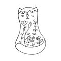 Cute cat and flowers. Doodle style. Coloring book, page for adults and schoolchildren. Vector illustration isolated on white Royalty Free Stock Photo