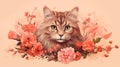 Cute cat with flowers on pink background. Digital art painting.