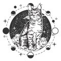 Cute cat full-length over cloudy, starry night sky round boho symbol