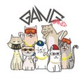 Cute cat gang with hand drawn cartoon. Hip Hop style Royalty Free Stock Photo