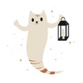 Cute cat ghost cartoon character with a candle lantern holder. Halloween kitten icon logo. Vector illustration isolated Royalty Free Stock Photo