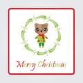 Cute cat girl in berry wreath vector cartoon illustration for Christmas card design Royalty Free Stock Photo
