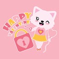 Cute cat girl with love padlock and key vector cartoon illustration for Happy Valentine card design