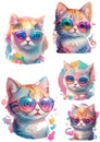 Cute cat with glasses, airy mood, set of stickers, rainbow cats