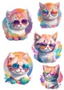 Cute cat with glasses, airy mood, set of stickers, rainbow cats