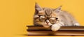 Cute cat in glasses fell asleep on a stack of books on a yellow background