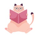 Cute cat in glasses reading book flat vector icon illustration. Cat study isolated on white background. Flat Cartoon Royalty Free Stock Photo