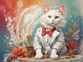 Cute cat with gold coin on table, weared. Ai generated Royalty Free Stock Photo