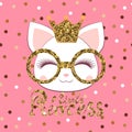 Cute cat with a gold glitter glasses and crown. Pattern with gold sparkles on a pink background