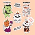 Cute cat Halloween sticker collection, frankenstien, pumpkin head, mumy, doodle outline, idea for sticker, sublimation, journal, Royalty Free Stock Photo
