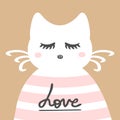 Cute cat with handwritten text love. Print, cover, postcard.