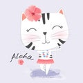 Cute Cat in Hawaiian clothes dances Hula. Wreath and garland of flowers