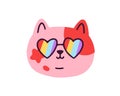 Cute cat head avatar in LGBT rainbow sunglasses. Funny kitty in heart-shaped LGBTQ glasses, face portrait. Amusing