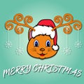 Cute Cat Head Cartoon Christmass Card. Wearing Hat and Funny Christmas. Royalty Free Stock Photo