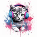 Cute cat with headphones abstract colorful cat muzzle illustration, Generative Ai