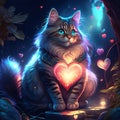 Maine Coon Cat hugging heart Cute cat with a heart on the background of magic forest. generative AI animal ai Royalty Free Stock Photo