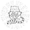 Cute cat with heart, Hand drawn T-shirt design or greeting card Royalty Free Stock Photo