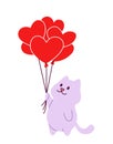 Cute cat holding balloons in the form of hearts for valentine`s day card Royalty Free Stock Photo