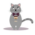 Cute cat holding a cup of coffee. Flat vector illustration Royalty Free Stock Photo