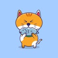 Cute cat Holding Fish. Cute Cat catching Fish Cartoon