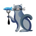 Cute cat holding fork with fish isolated on white Royalty Free Stock Photo