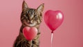 Cute cat holding in paws heart-shaped balloon in photostudio. Valentines day