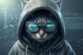 Cute Cat in Hoodie as Cybersecurity Hacker, Wearing VR Goggles in a Digital Cyberspace Environment, Representing Modern