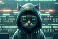 Cute Cat in Hoodie as Cybersecurity Hacker, Wearing VR Goggles in a Digital Cyberspace Environment, Representing Modern