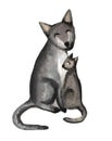 Cute cat hugs mom cat. Watercolor illustration on white background. Mother day card.