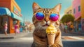 cute cat with ice cream in sunglasses character