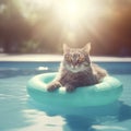 Cute cat on inflatable ring in swimming pool, toned