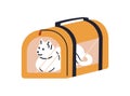 Cute cat inside bag, travel case. Feline animal lying in closed luggage. Baggage with handle for carrying kitty pet