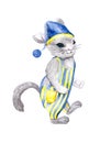 Cute cat intends to sleep, dressed in striped pajamas and a nightcap. Watercolor character for fun illustrations, children`s books