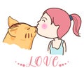 Cute cat kiss young girl, lovely bonding and relationship between animal and human