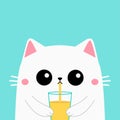 Cute cat kitten drinks orange juice out of a glass cup. White kitten head face. Pink ears, cheeks. Kawaii cartoon funny baby