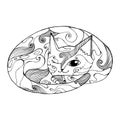 cute cat sleeping curled up in a ball, kitten made up of patterns and lines, coloring book for adults and children, black and Royalty Free Stock Photo