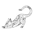 cute cat stretching, kitten made up of patterns and lines, coloring book for adults and children, black and white vector Royalty Free Stock Photo