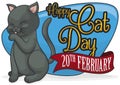 Cute Cat Licking its Paw and Primping for Cat Day, Vector Illustration