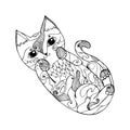 cute cat lies on its back, kitten made up of patterns and lines, coloring book for adults and children, black and white vector Royalty Free Stock Photo