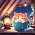 Cute cat lies and sleeps in a cozy attic at home with a cup of coffee and rain outside the window, Royalty Free Stock Photo