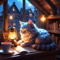 Cute cat lies and sleeps in a cozy attic at home with a cup of coffee and rain outside the window, Royalty Free Stock Photo