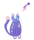 Cute cat looks at a star. Star comet. Cartoon animal character cat. Dreamy. Kawaii animal. Vector Illustration for babies, kids,