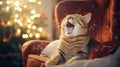 Cute cat lying on modern armchair and yawning on background of stylish decorated christmas tree in sunny room. Pet and winter