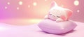 Cute cat lying on the pillow. Adorable kitten sleeping on cosy pet cushion. 3d style illustration, copy space Royalty Free Stock Photo