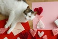 Cute cat lying at red and pink hearts, gift box, envelope, scissors and paper on wooden table. Valentine holiday preparations. Royalty Free Stock Photo