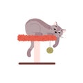 Cute cat lying on scratching post and playing with ball, cartoon flat vector illustration isolated on white background. Royalty Free Stock Photo