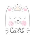 Cute cat meow illustration. Funny princess and crown for print t-shirt. Hand drawn style.