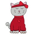 Cute Cat Meow red heart. Hand drawn Vector print design