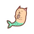 Cute cat mermaid is drinking coffee